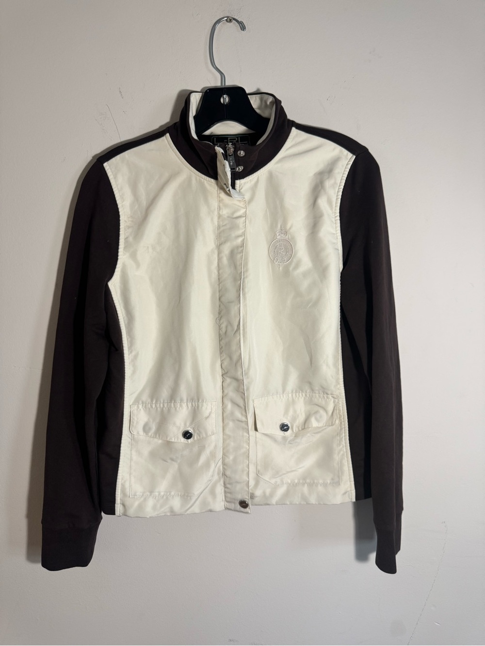 Lauren Ralph Lauren Active Jacket Women M Brown Cream Equestrian Crest Zip